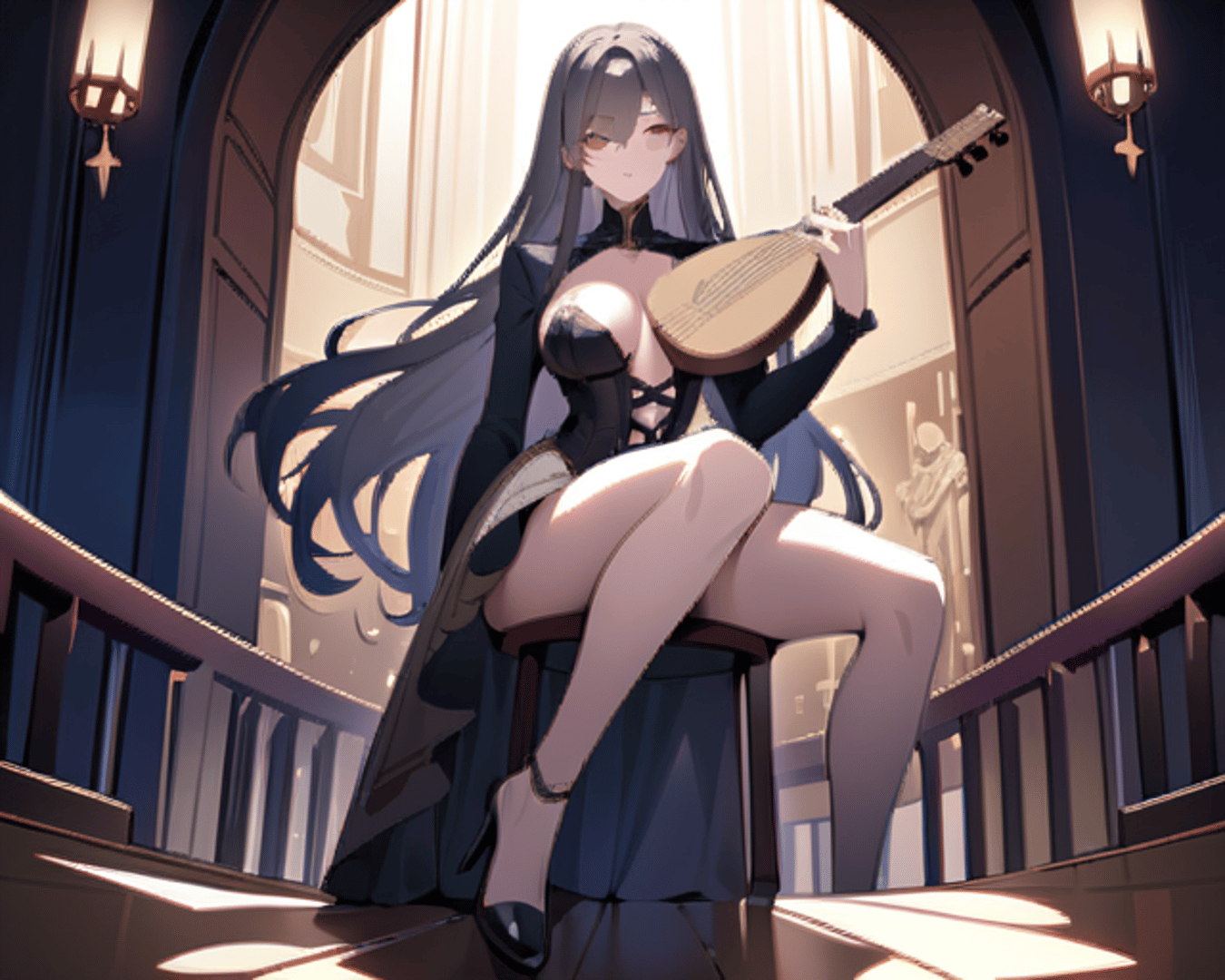 AI generated wallpaper featuring woman, lute, gown
