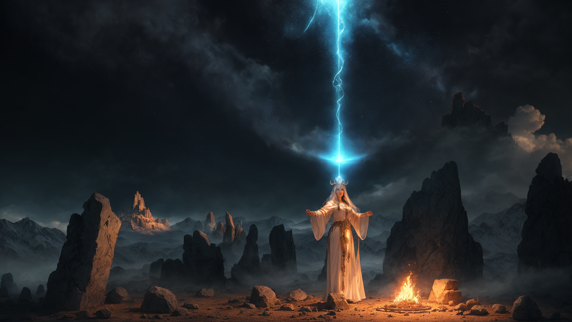 AI generated wallpaper featuring figure, lightning, fire