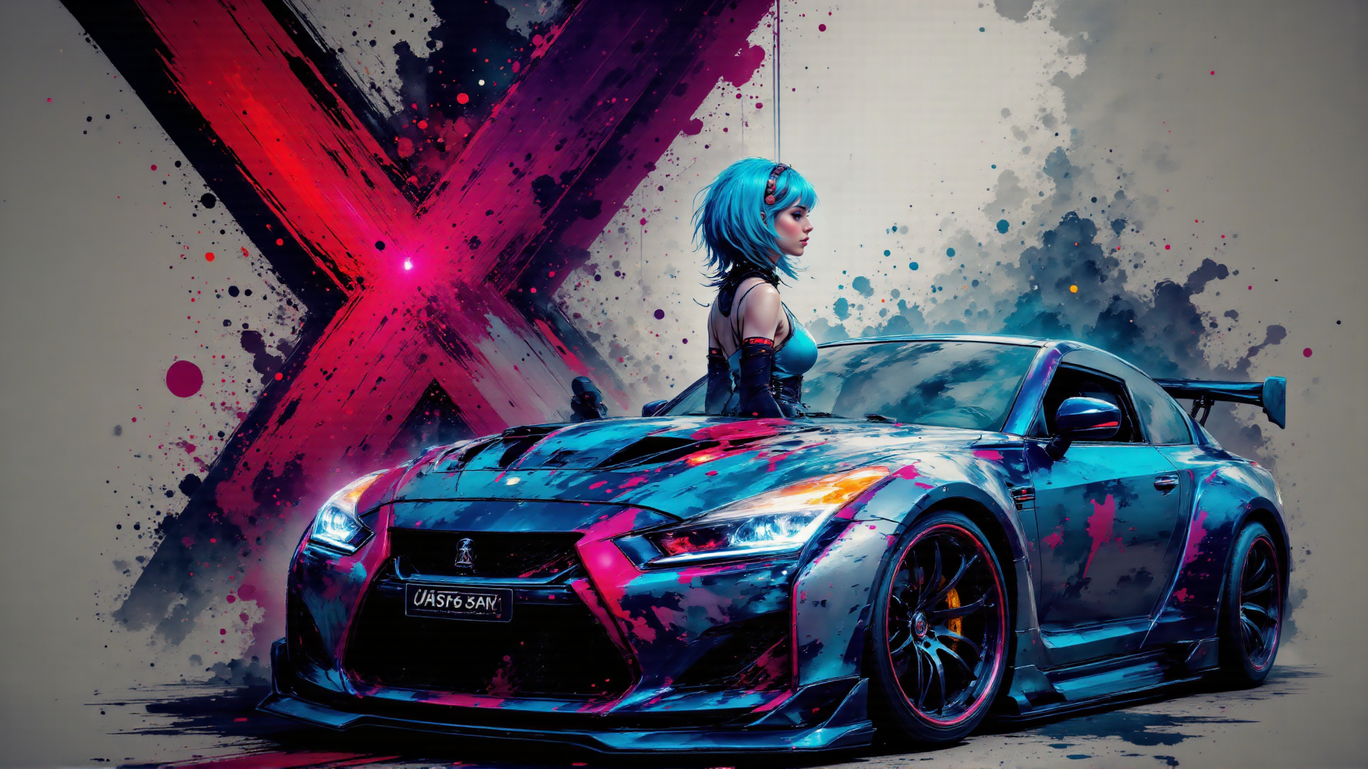 AI generated wallpaper featuring cyberpunk, car, girl, sports car, art, anime, character, paint, digital, futuristic