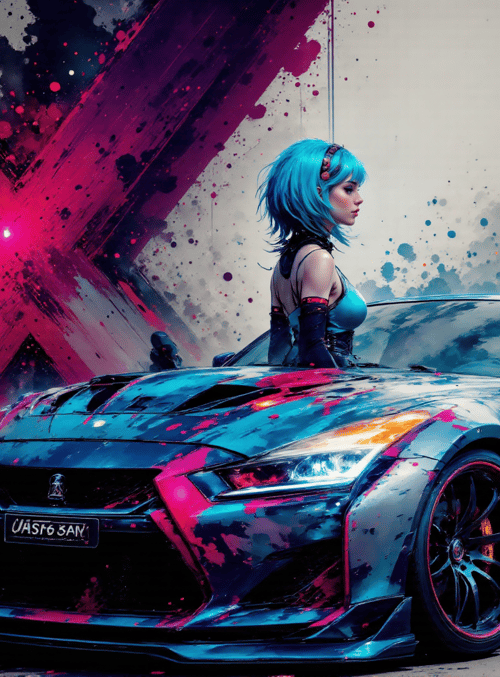 cyberpunk, car, girl, sports car, art, anime, character, paint, digital, futuristic