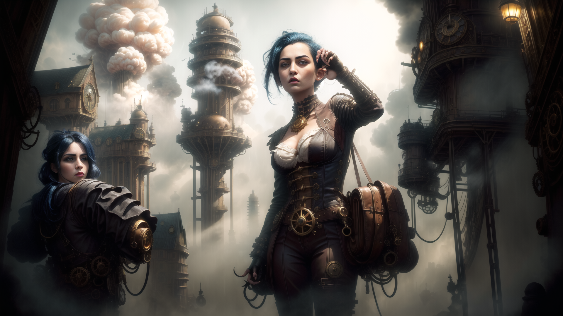 AI generated wallpaper featuring women, steampunk, cityscape
