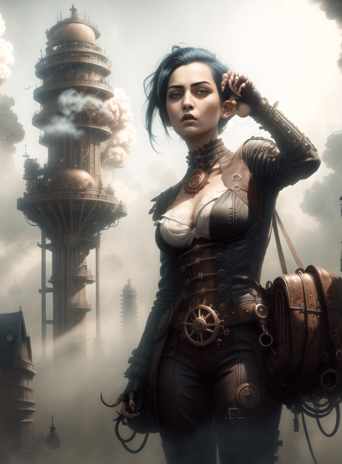 women, steampunk, cityscape