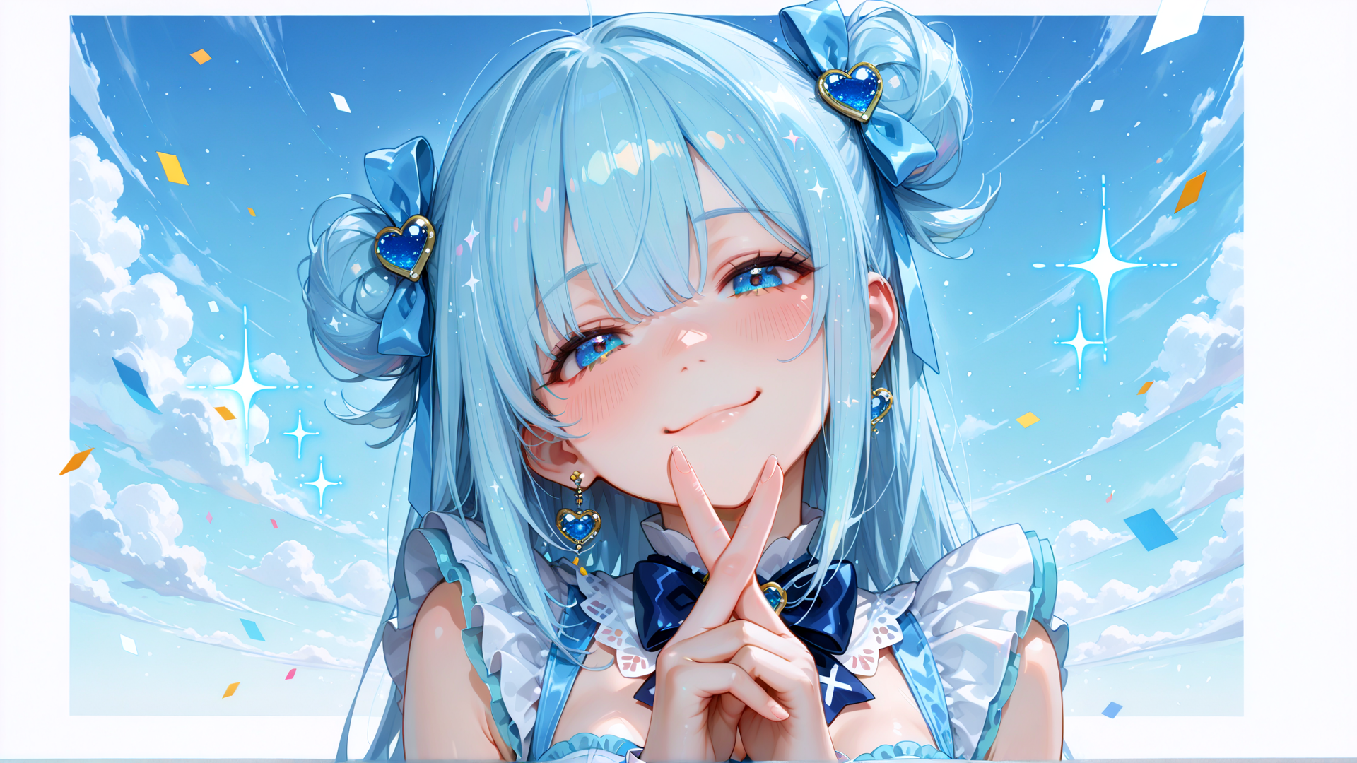 AI generated wallpaper featuring girl, anime, character, hair, bow, hands, dress, ears, eyes, confetti