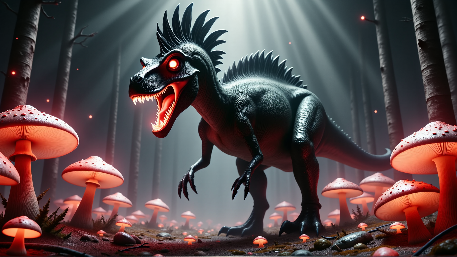 AI generated wallpaper featuring dinosaur, mushroom, forest, tree, giant mushroom, creature, fungal, saber-toothed, prehistoric, glowing