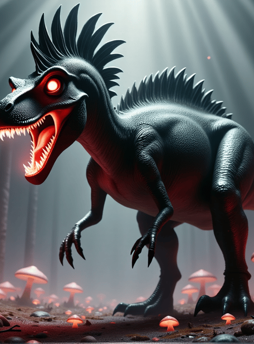 dinosaur, mushroom, forest, tree, giant mushroom, creature, fungal, saber-toothed, prehistoric, glowing