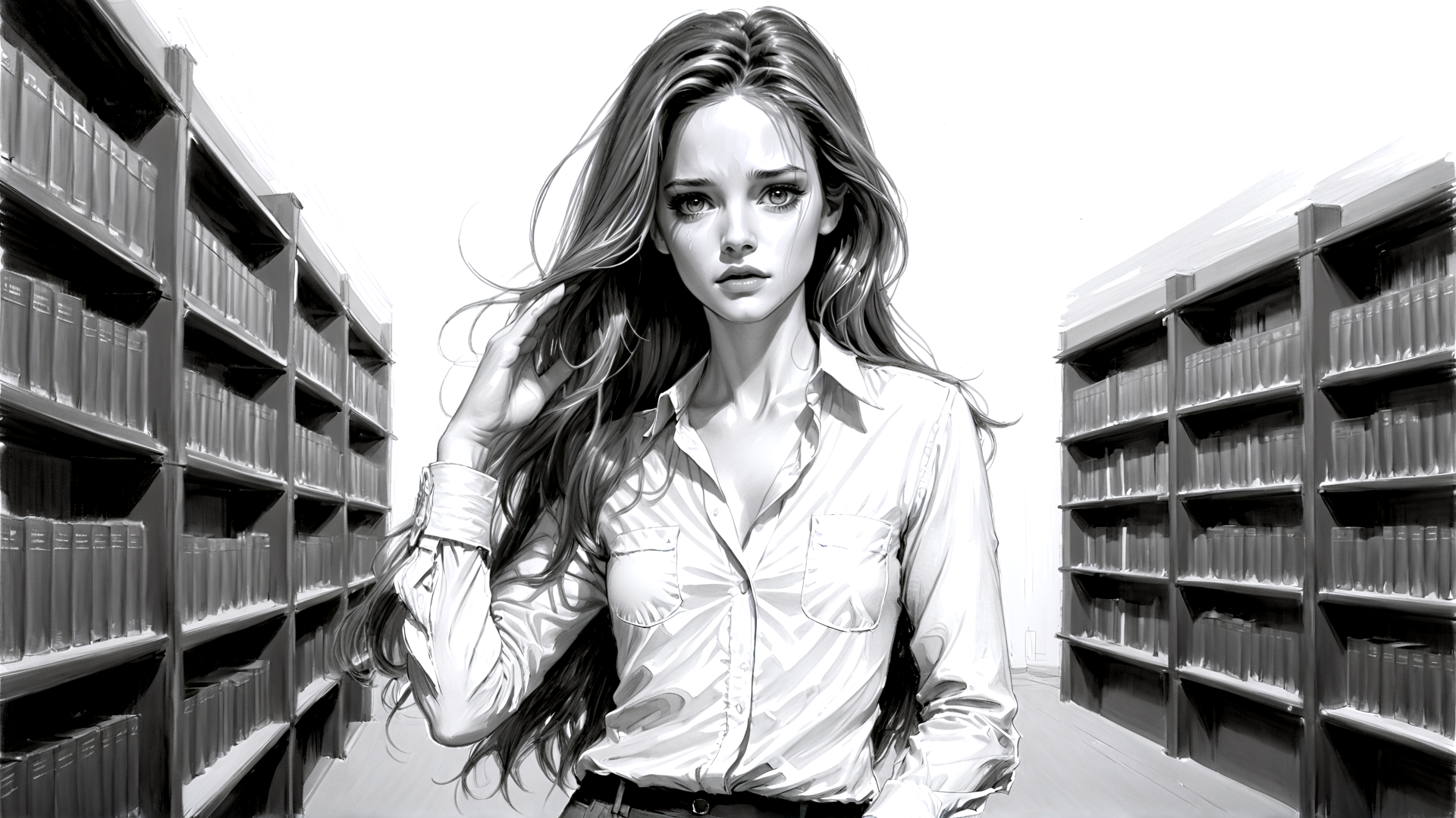 AI generated wallpaper featuring woman, bookshelf, hair, shirt, library, book, shelf, fashion, pose, library