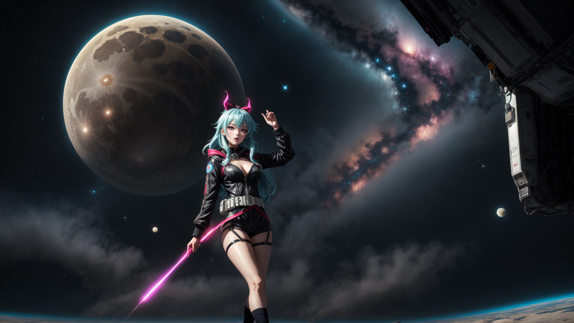 AI generated wallpaper featuring anime girl, space, galaxy, spaceship, moon, star, sword