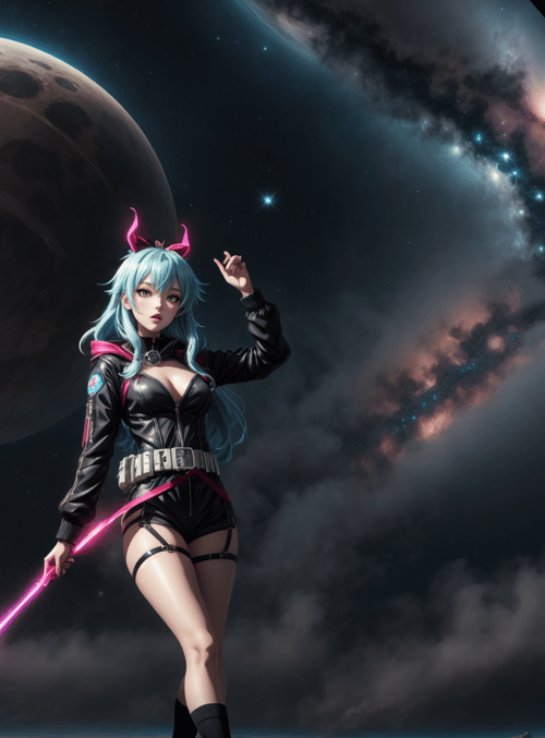 anime girl, space, galaxy, spaceship, moon, star, sword