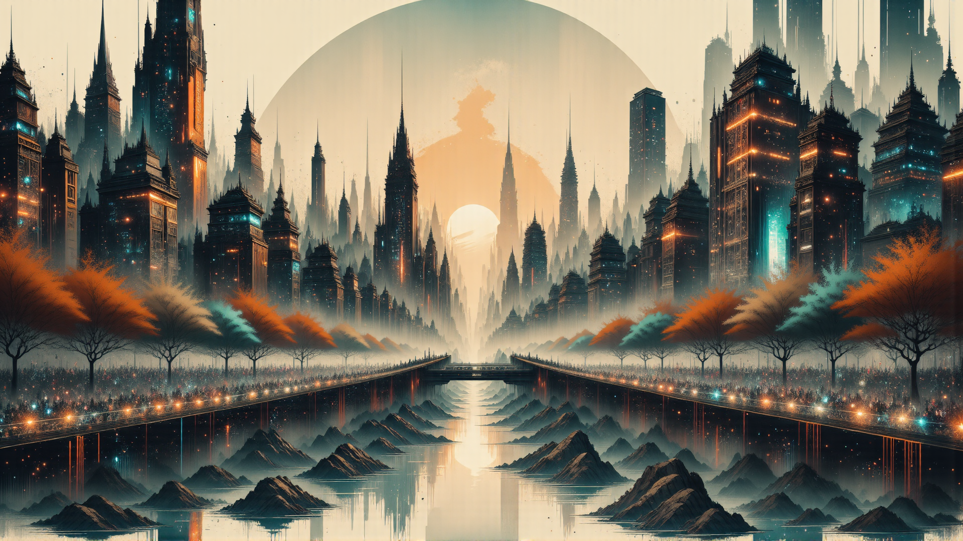 AI generated wallpaper featuring city, skyline, trees, bridge, mountains, buildings, sun, fog, people, water