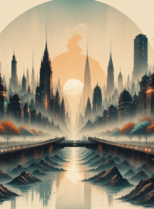 city, skyline, trees, bridge, mountains, buildings, sun, fog, people, water