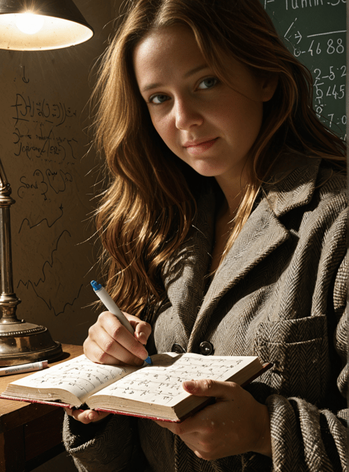 woman, book, pen