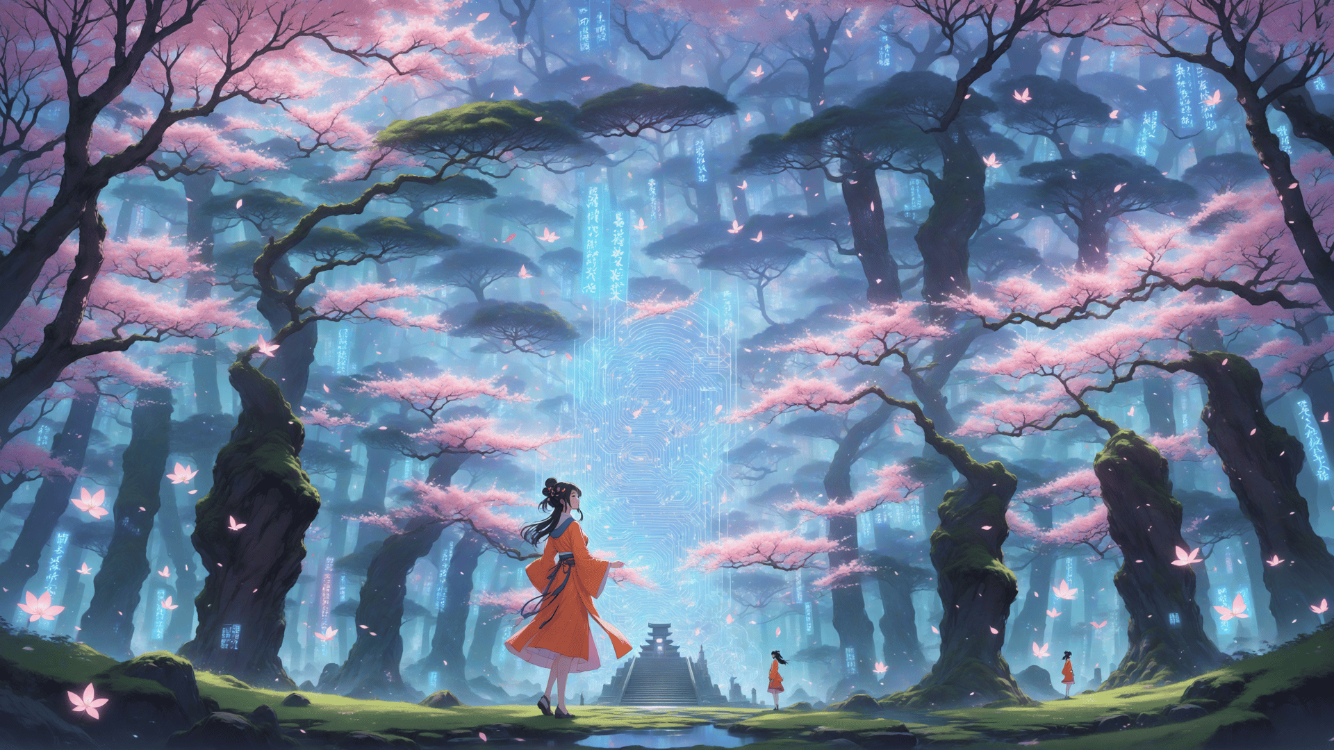 AI generated wallpaper featuring woman, trees, cherry blossoms