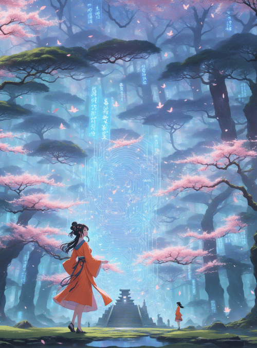 woman, trees, cherry blossoms