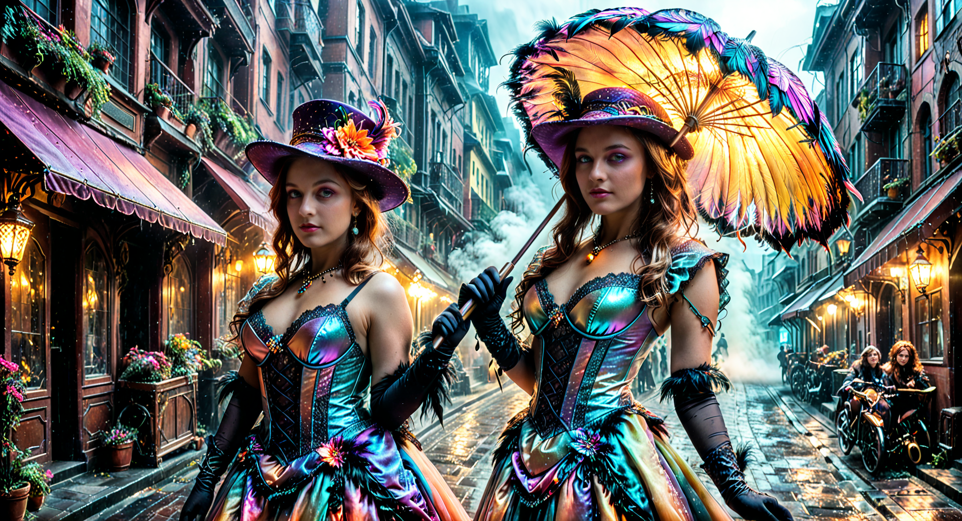 AI generated wallpaper featuring women, umbrella, street