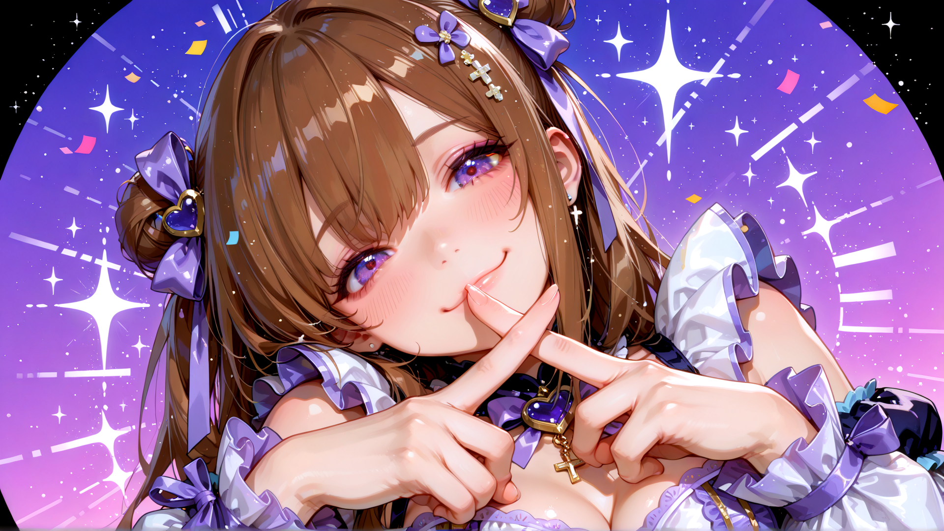 AI generated wallpaper featuring girl, anime, character, bunny, bunny ears, hearts, bows, cross, stars, confetti