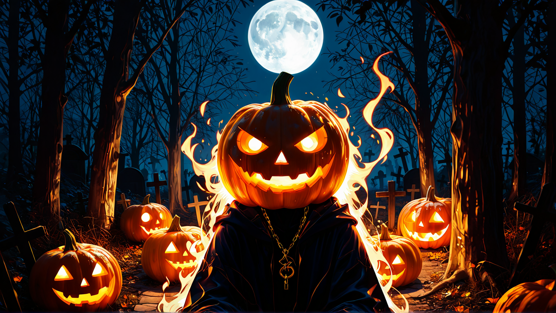 AI generated wallpaper featuring pumpkin, jack-o-lantern, cemetery, trees, moon, graveyard, hooded figure, crosses, flames, leaves
