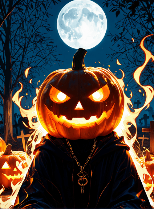 pumpkin, jack-o-lantern, cemetery, trees, moon, graveyard, hooded figure, crosses, flames, leaves
