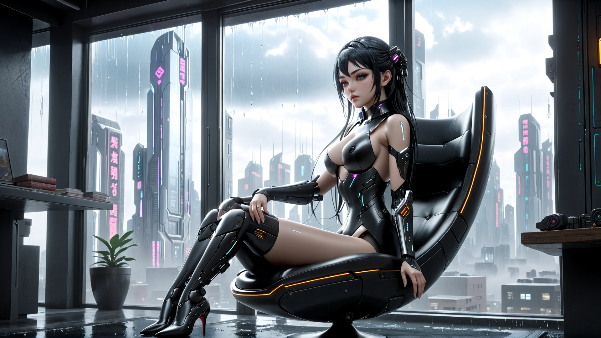 AI generated wallpaper featuring cyborg, woman, chair