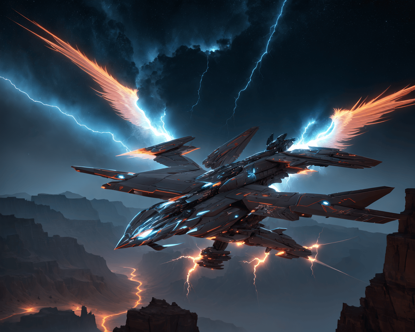 AI generated wallpaper featuring futuristic aircraft, wings, lightning