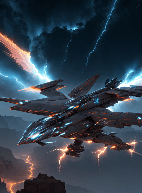 futuristic aircraft, wings, lightning