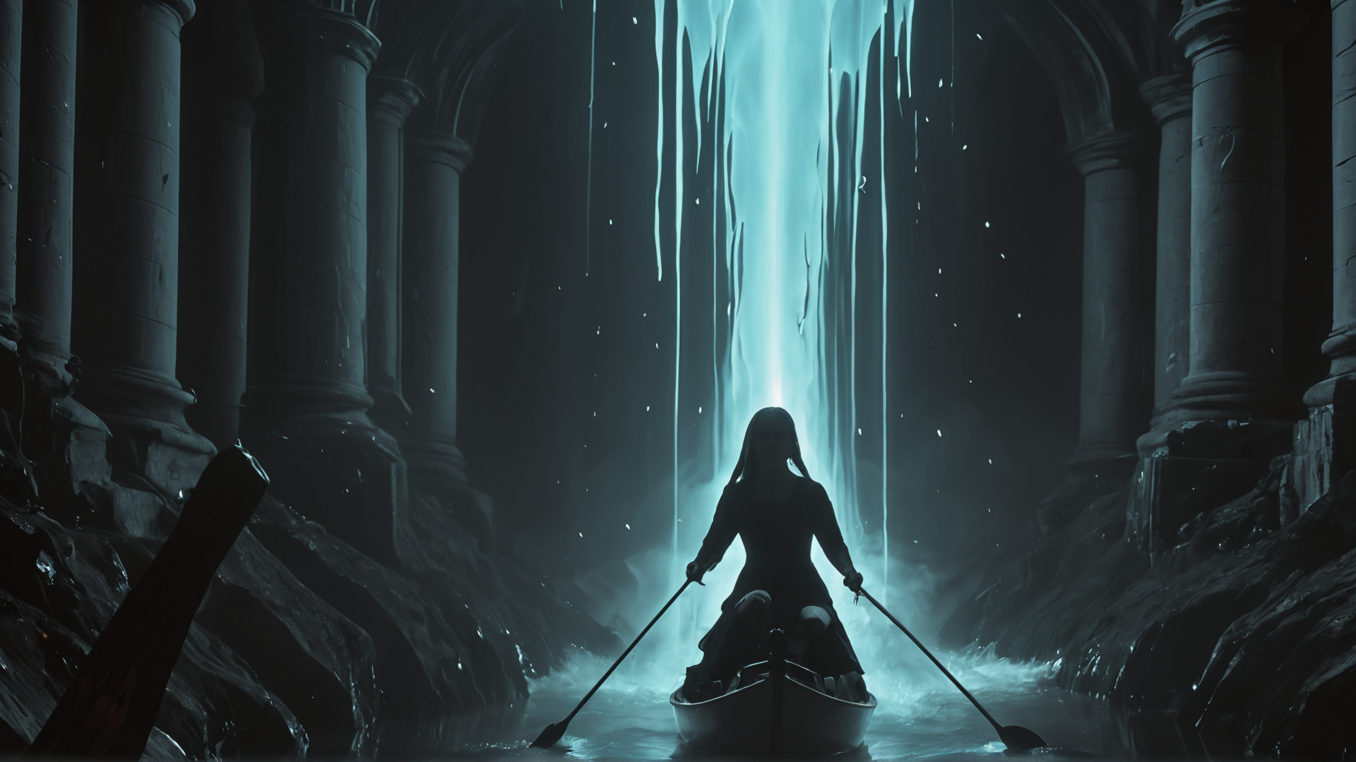 AI generated wallpaper featuring person, gondola, waterfall