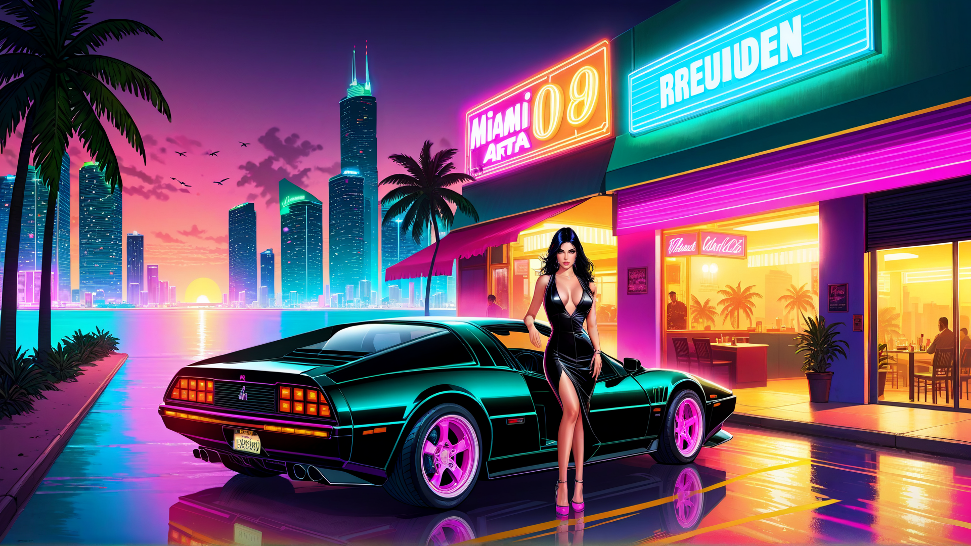 AI generated wallpaper featuring woman, car, cityscape