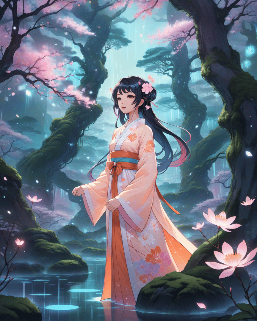 AI generated wallpaper featuring woman, sakura, lotus
