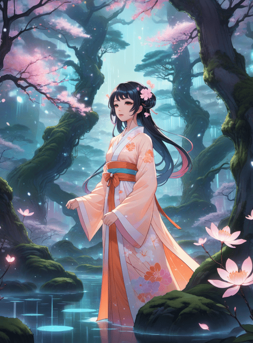 woman, sakura, lotus