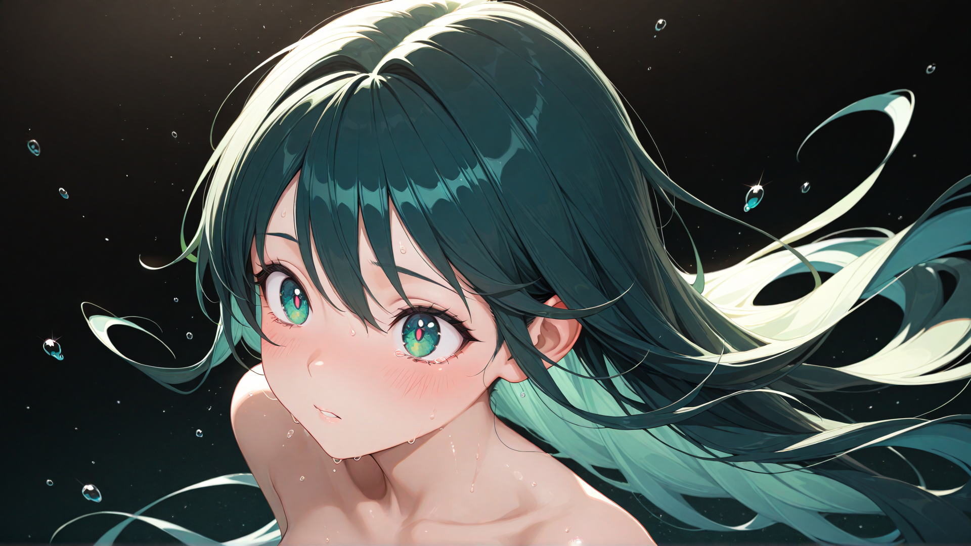 AI generated wallpaper featuring girl, hair, tears, bubbles