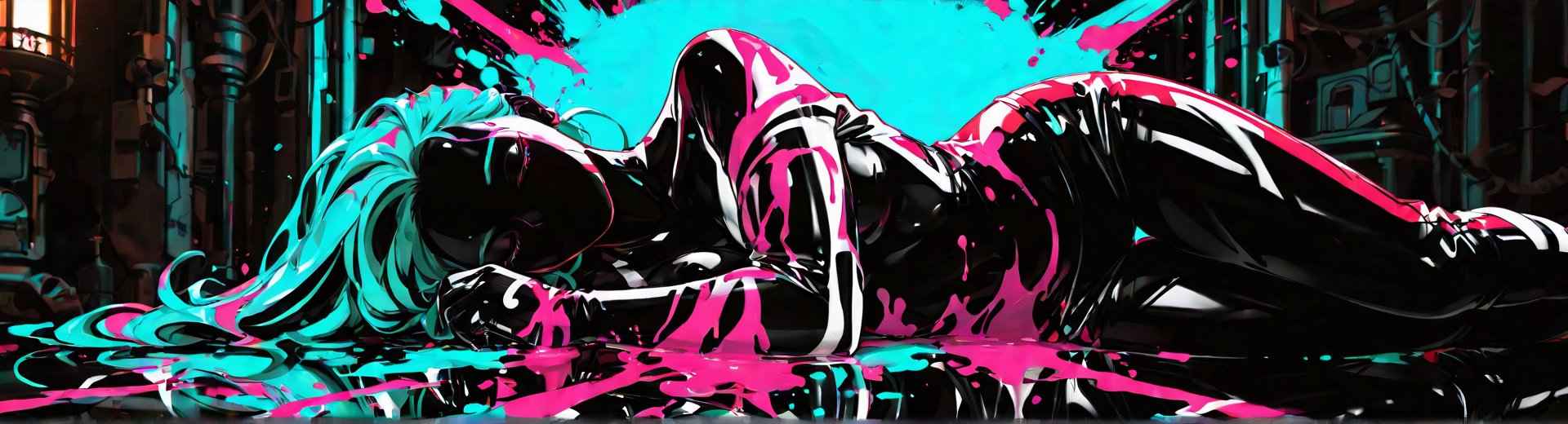 AI generated wallpaper featuring woman, liquid, neon, cyberpunk, surreal, splash, futuristic, glossy, abstract, urban