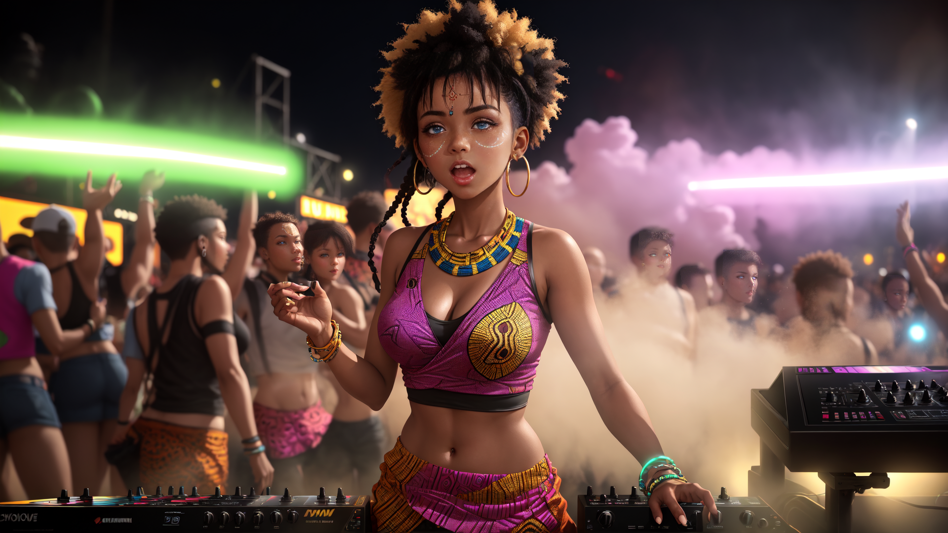 AI generated wallpaper featuring dj, woman, crowd