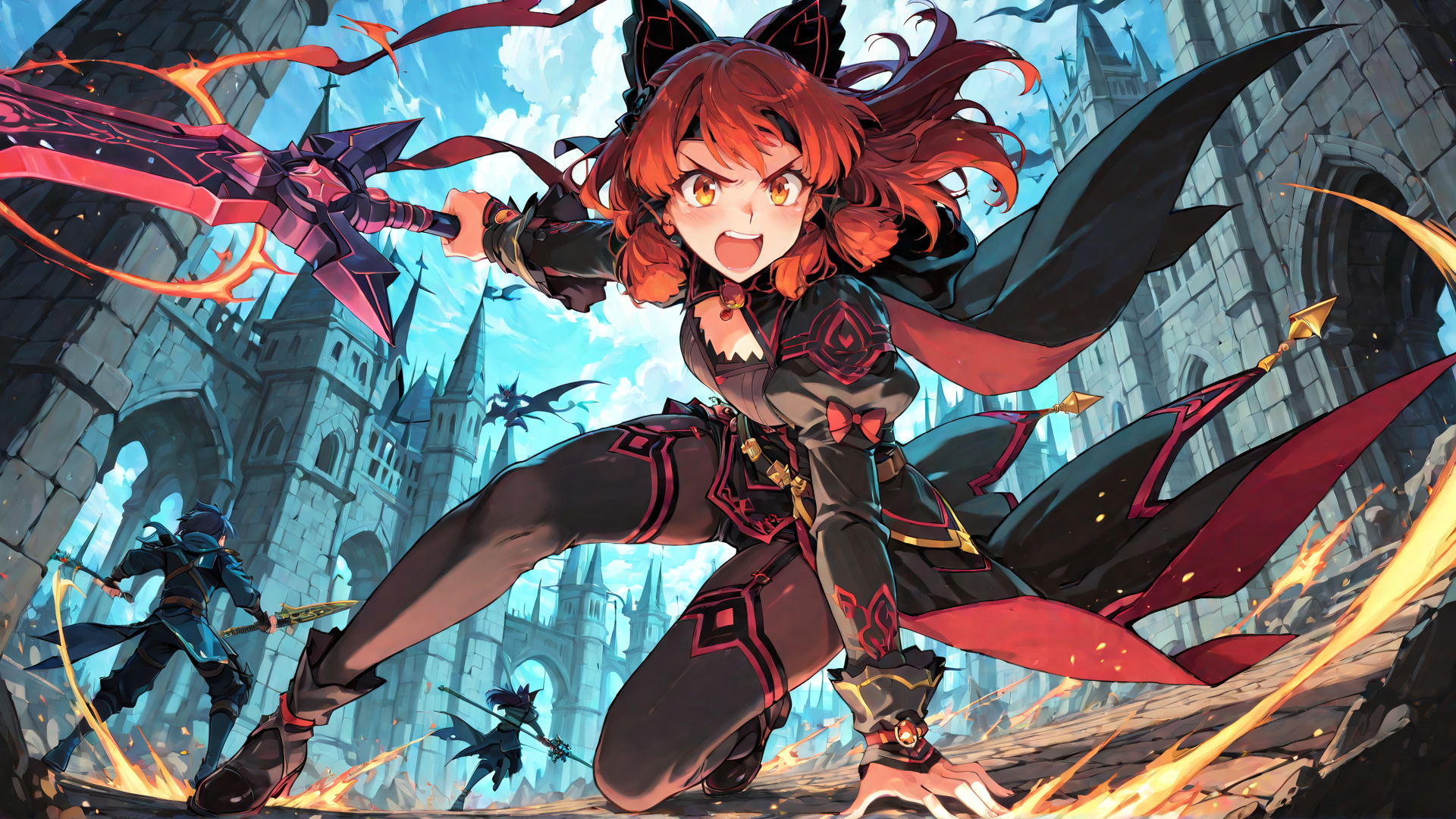 AI generated wallpaper featuring girl, sword, castle, dragons, armor, flags, warrior, characters, flying, magic