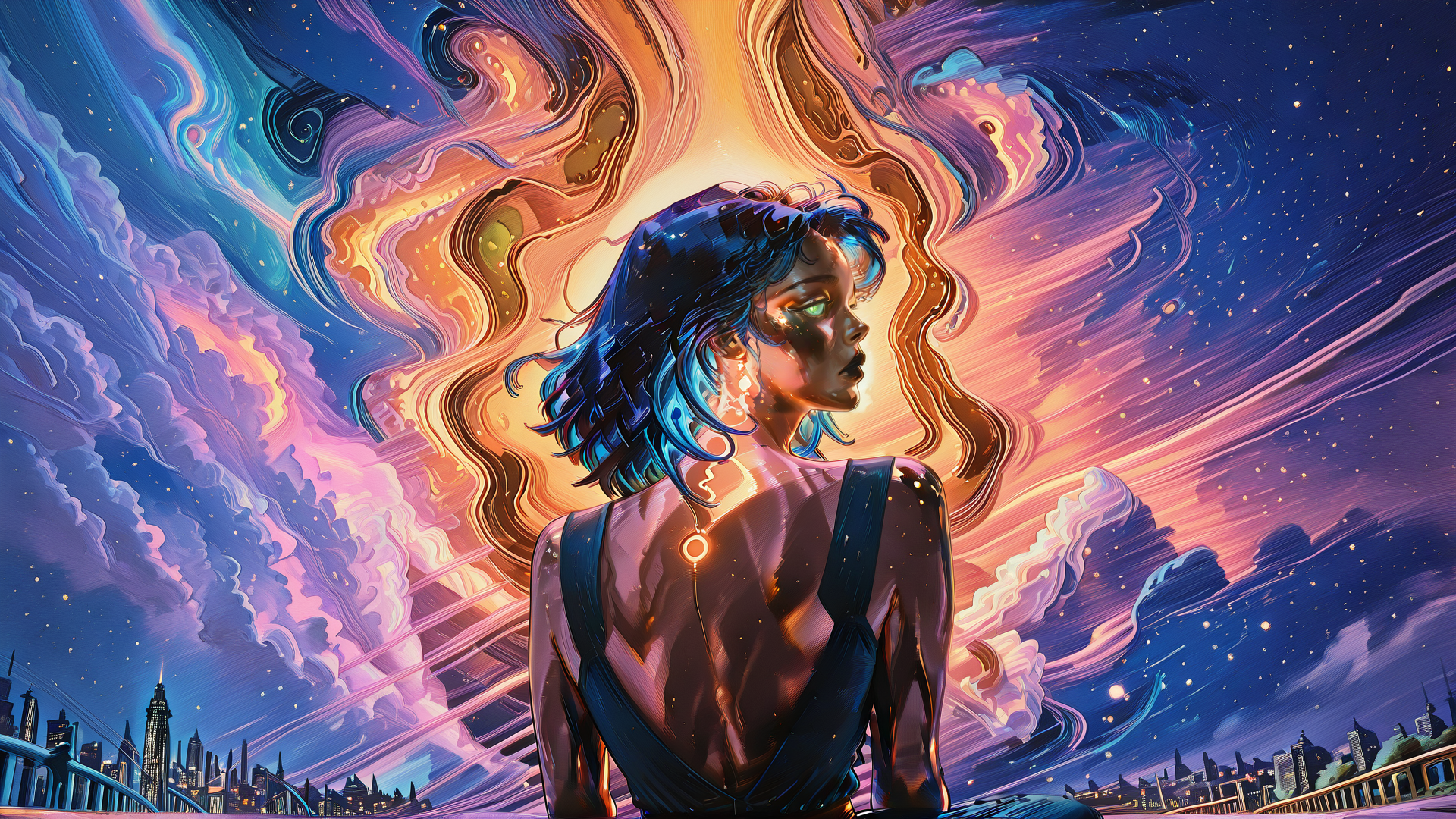 AI generated wallpaper featuring woman, cityscape, clouds, sky, stars