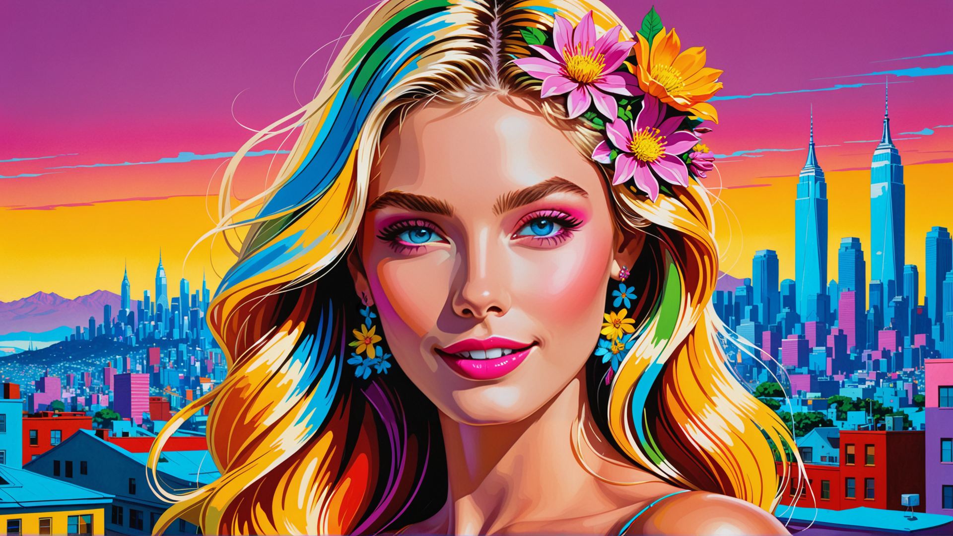 AI generated wallpaper featuring woman, flowers, cityscape, hair