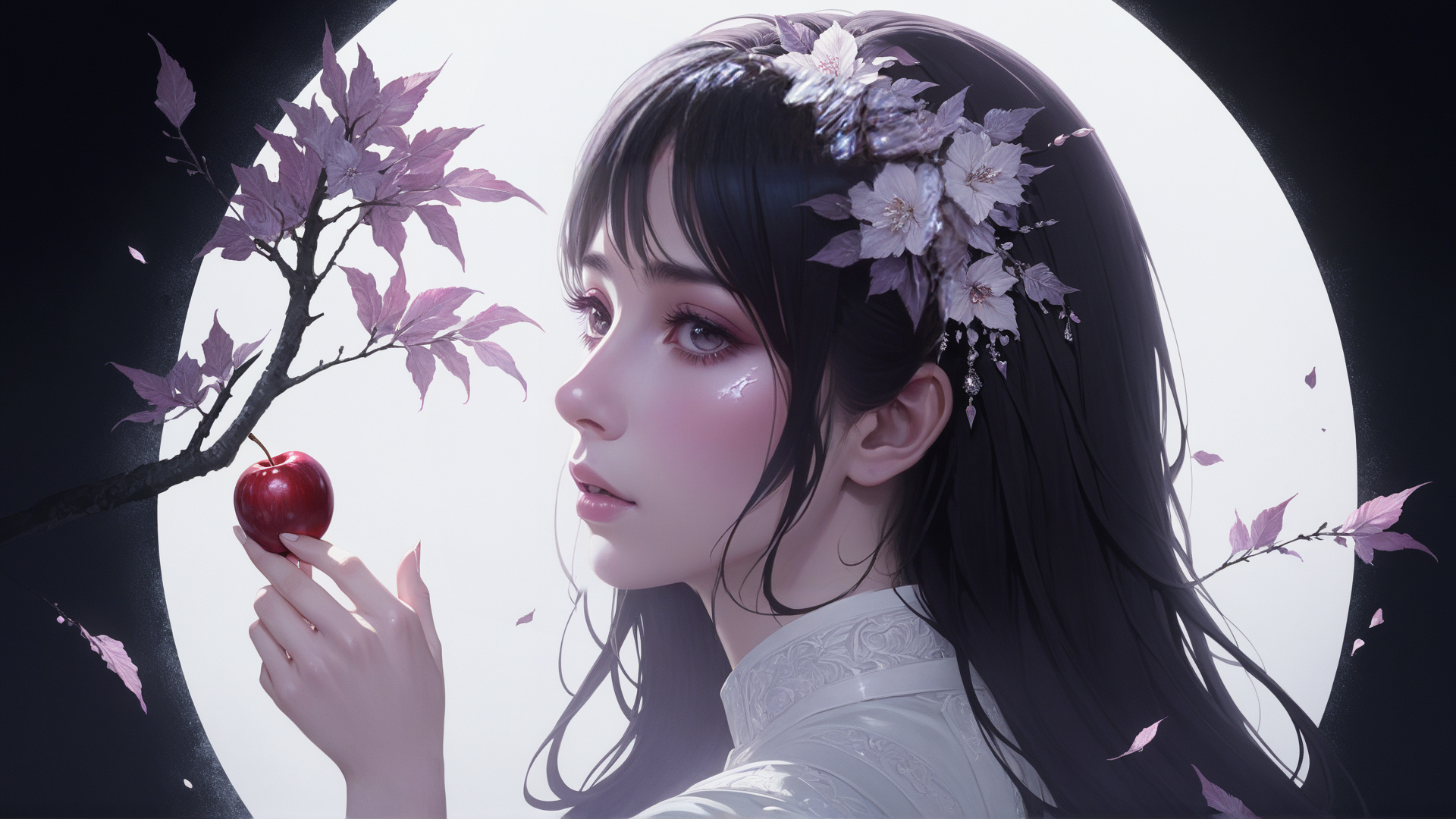 AI generated wallpaper featuring woman, apple, branch