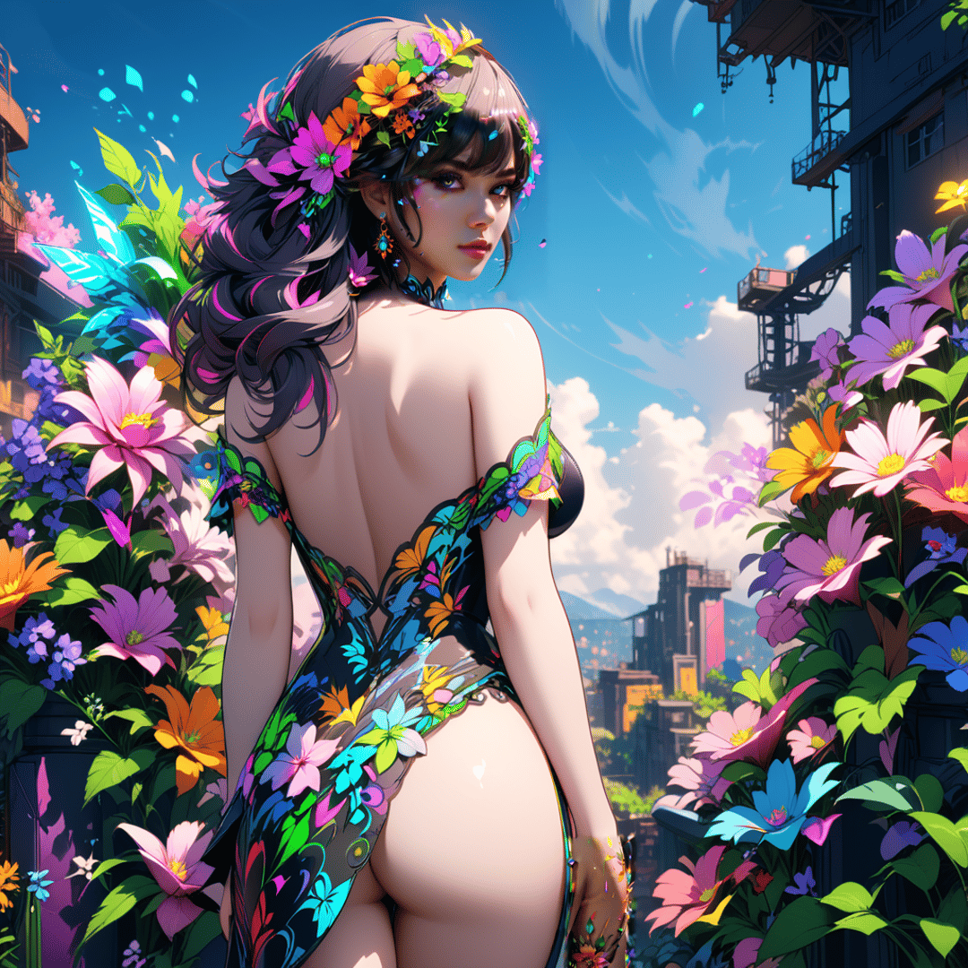 AI generated wallpaper featuring woman, flowers, city