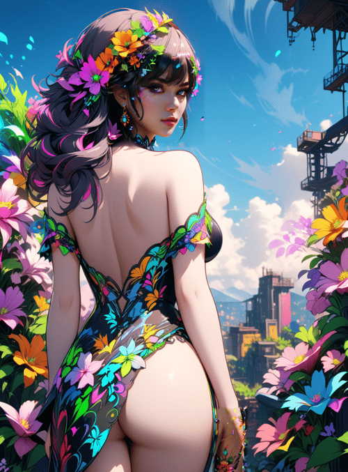 woman, flowers, city