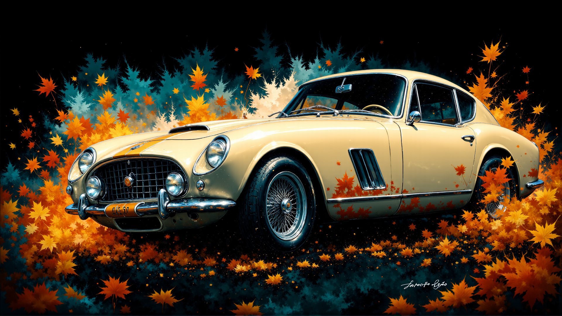 AI generated wallpaper featuring car, maple leaves, trees, automobile, classic car