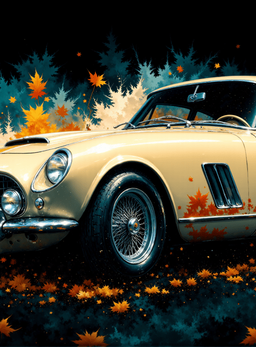 car, maple leaves, trees, automobile, classic car