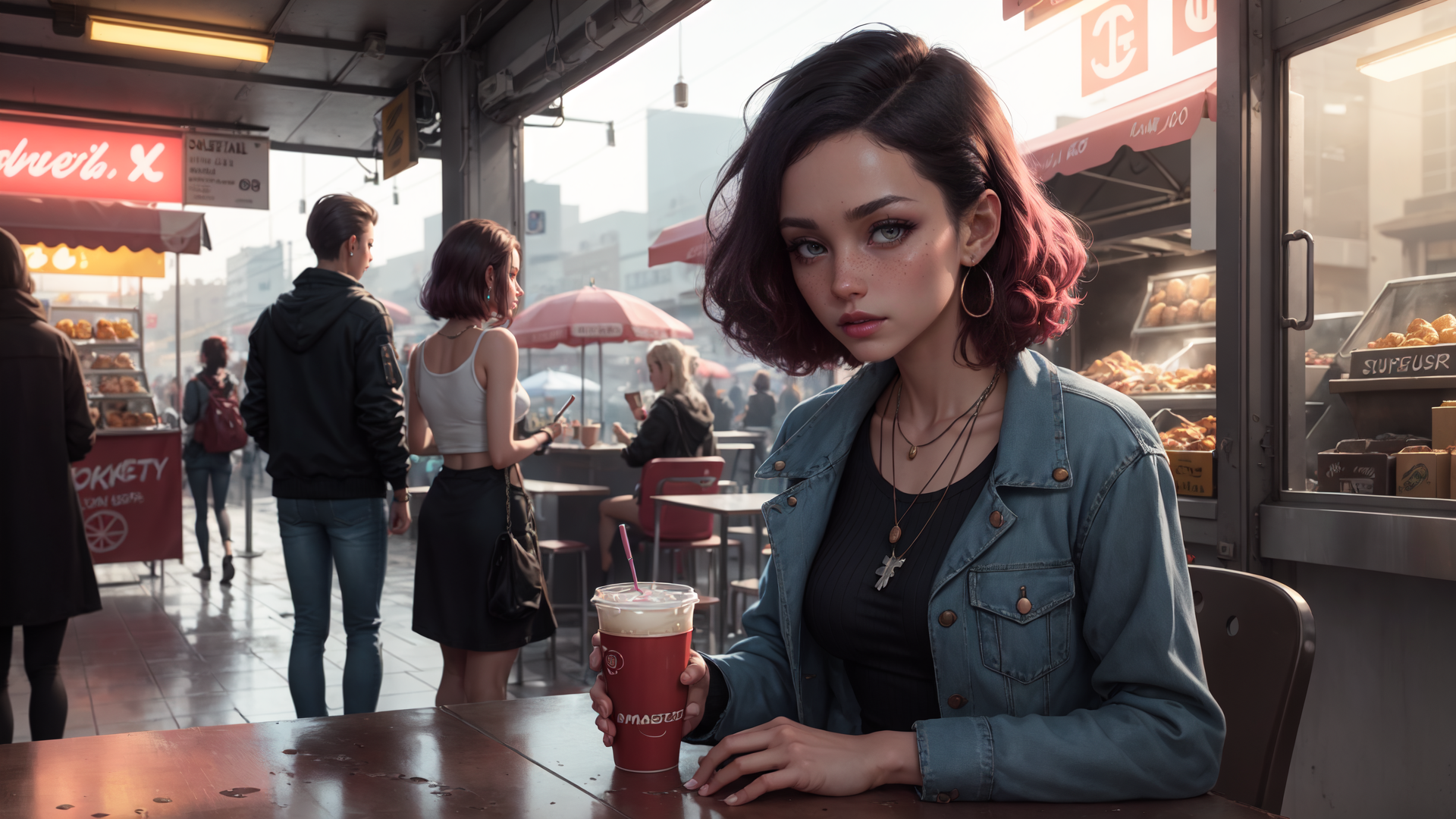 AI generated wallpaper featuring woman, cafe, street