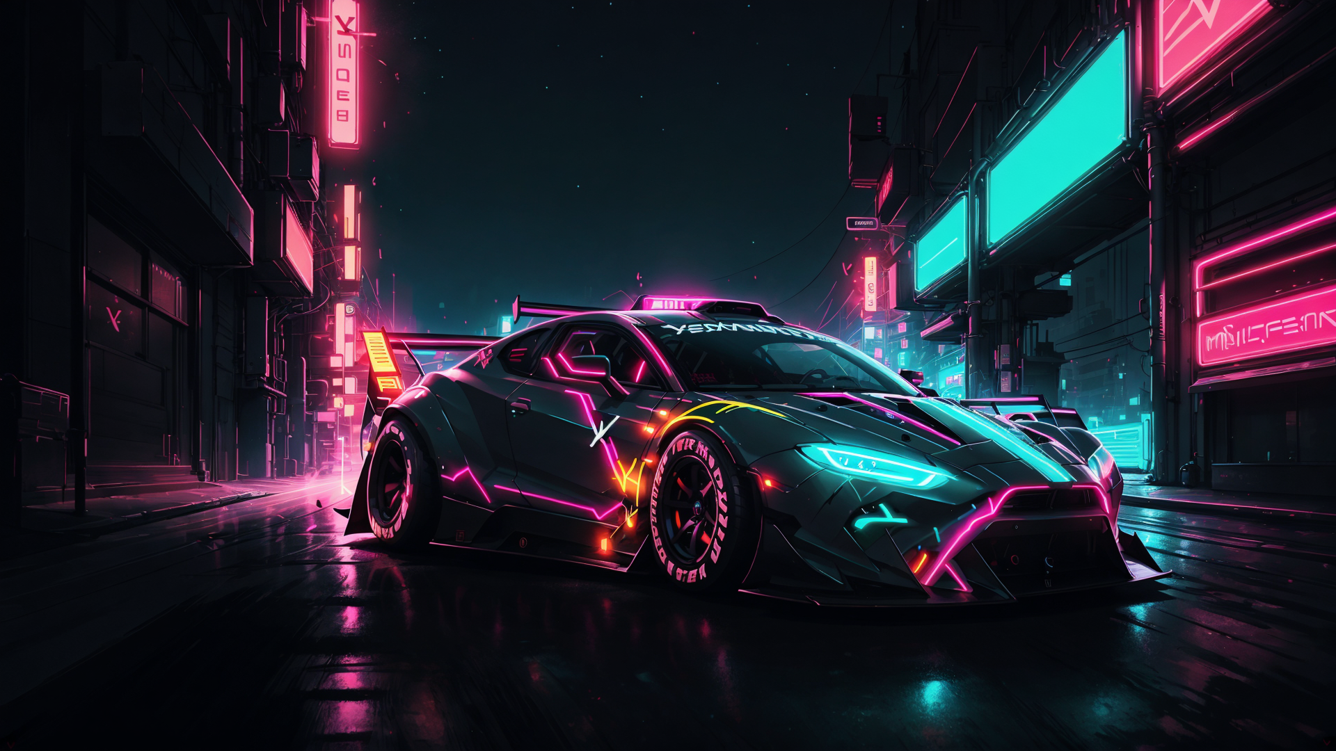 AI generated wallpaper featuring car, neon, city, street, building, sign, lights, vehicle, nigh, road