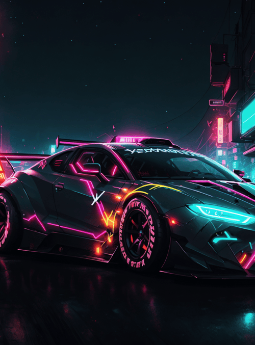 car, neon, city, street, building, sign, lights, vehicle, nigh, road