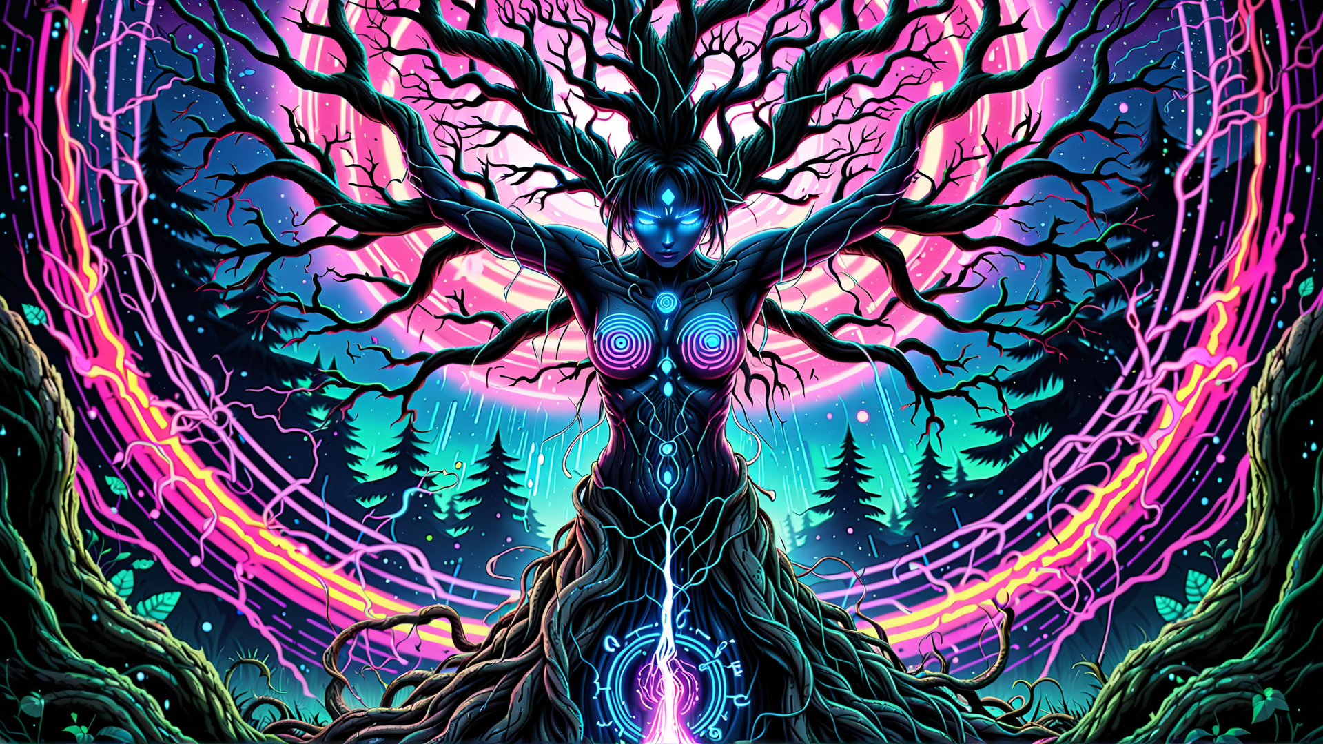 AI generated wallpaper featuring tree, woman, forest, energy, light, branch, nature, spirit, glow, aura