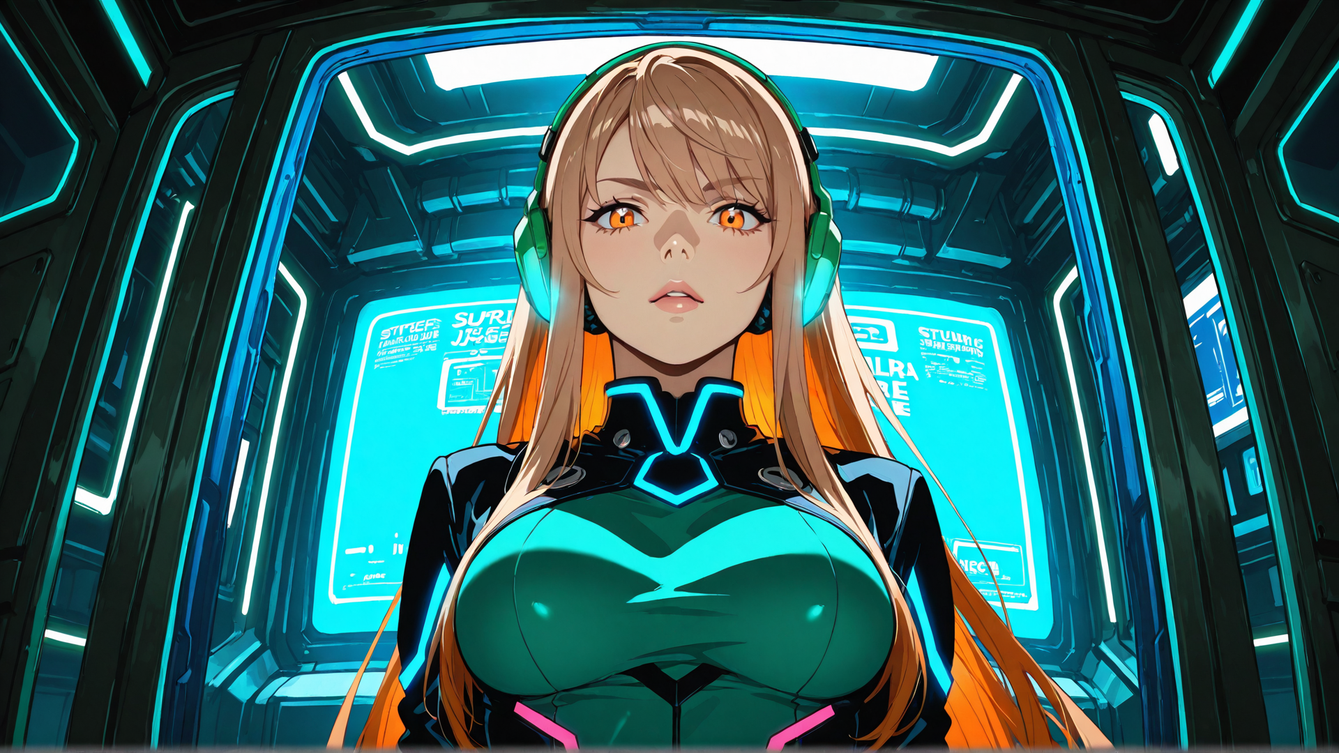 AI generated wallpaper featuring woman, cyberpunk, astronaut, gamer, futurist