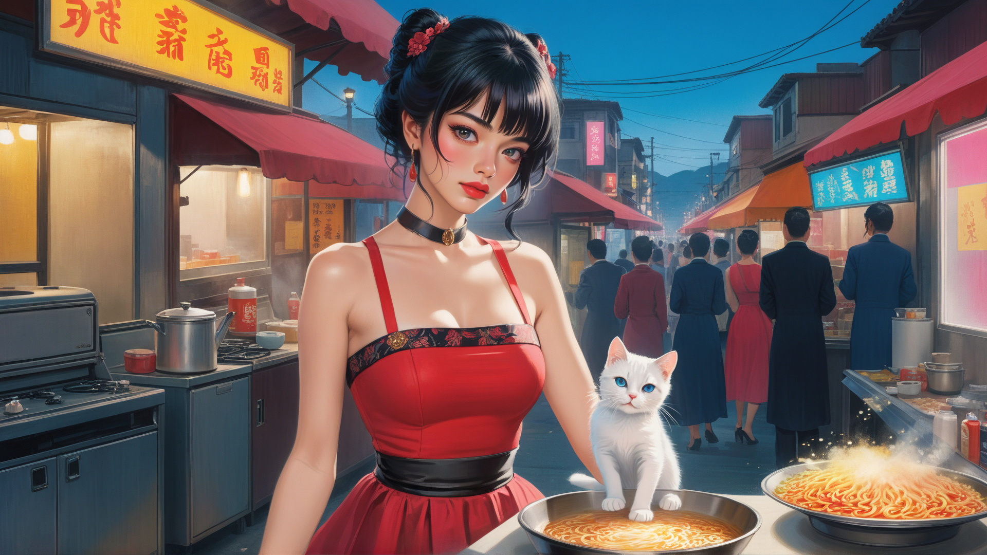 AI generated wallpaper featuring woman, cat, street, noodles, market