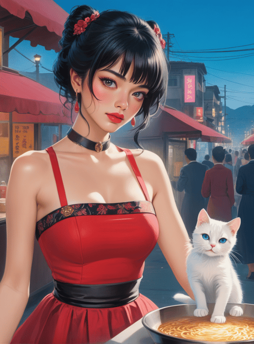 woman, cat, street, noodles, market
