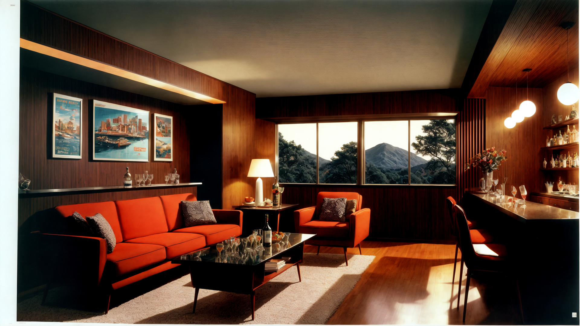 AI generated wallpaper featuring living room, sofa, armchair, coffee table, bar, windows, wall art, lamp, wine glasses, mountain view