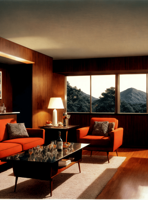 living room, sofa, armchair, coffee table, bar, windows, wall art, lamp, wine glasses, mountain view