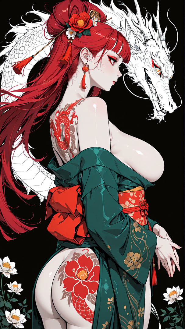 AI generated wallpaper featuring woman, dragon, flower, tatoo, kimono, lotus