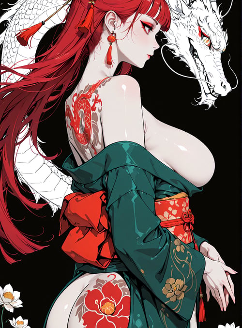 woman, dragon, flower, tatoo, kimono, lotus